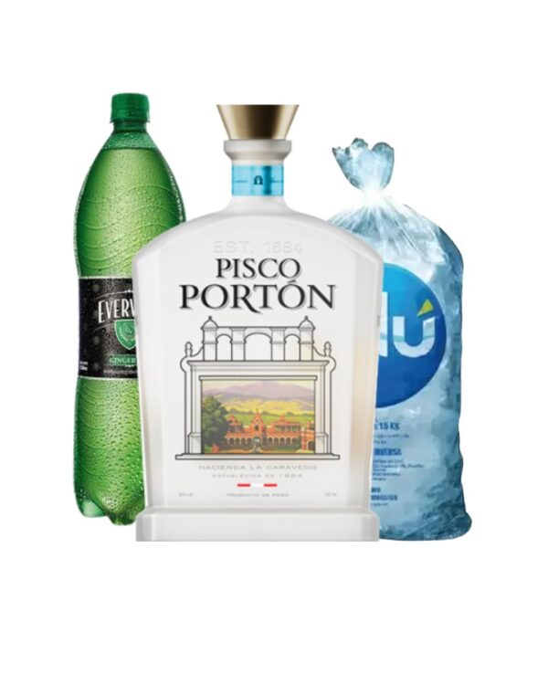 PISCO PORTON MOSTO 750 ML  +EVERVESS 1.5 ML  + HIELO 1.5 KG